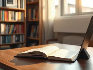 Mosiężny kompas na drewnianym biurku symbolizujący poczucie sprawstwa, wyznaczanie własnej drogi i kontrolę nad życiem.