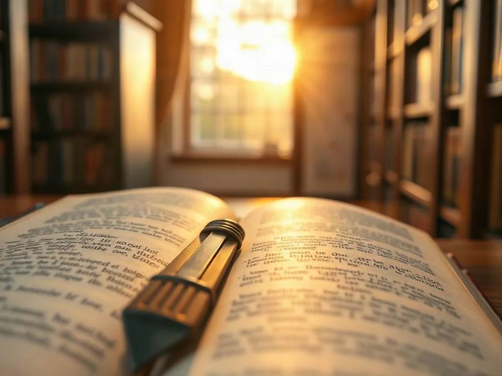 Otwarta zabytkowa książka z metalową zakładką w przytulnej bibliotece, symbolizująca skupienie i postępy w czytaniu.