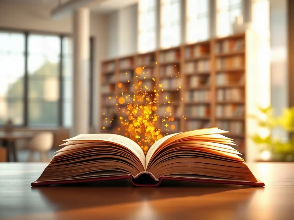 Otwarta książka na biurku z unoszącymi się cząsteczkami światła, symbolizująca swobodny dostęp do wiedzy i edukacji.