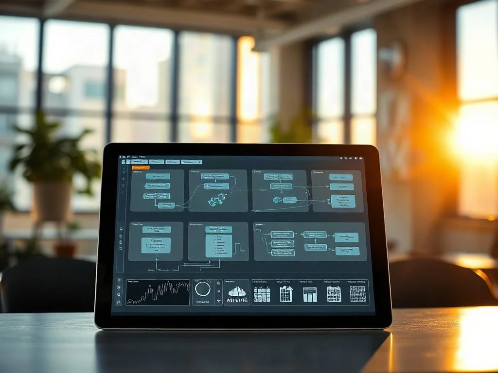Tablet z wyświetlonymi schematami architektury systemu na tle nowoczesnego, słonecznego biura.