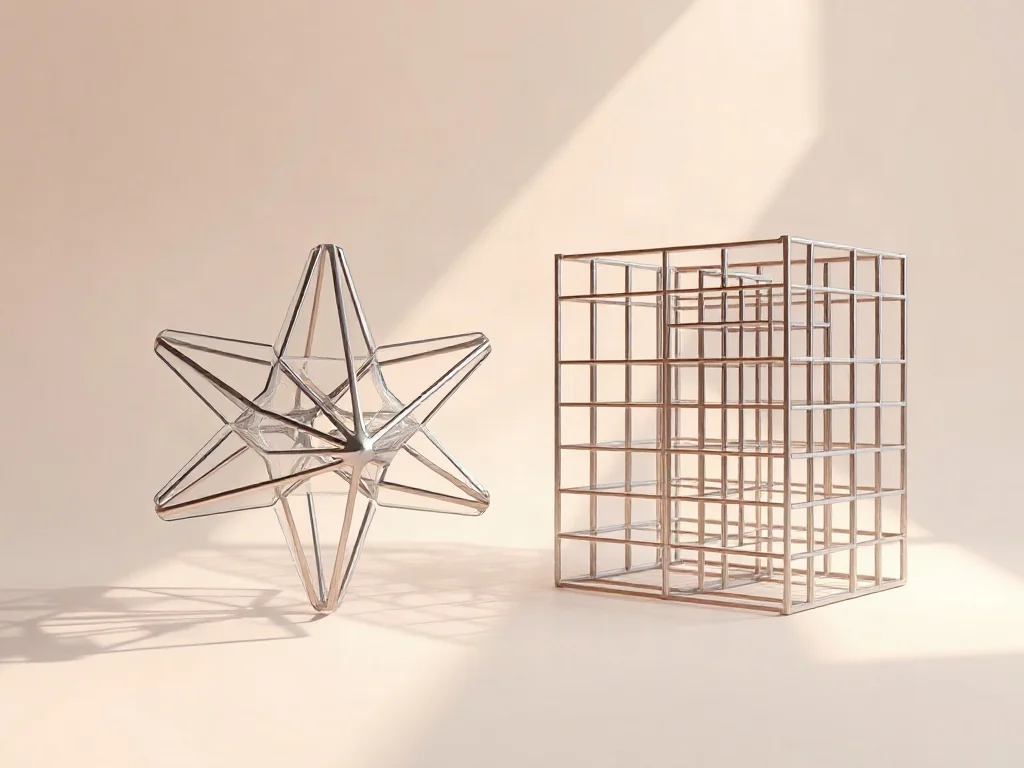 Abstrakcyjna kompozycja 3D przedstawiająca dwie geometryczne struktury symbolizujące modele osobowości Wielkiej Piątki i MBTI.