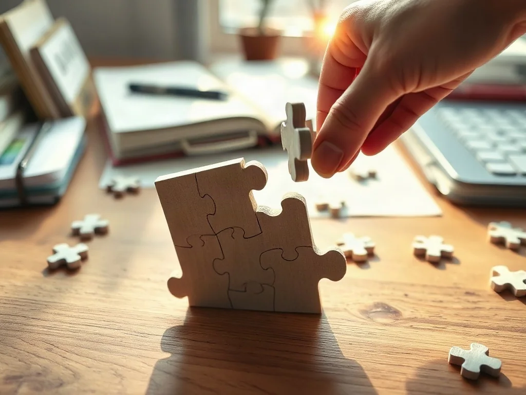 Układanie skomplikowanych puzzli na drewnianym biurku, symbolizujące proces dzielenia dużego zadania na mniejsze etapy.