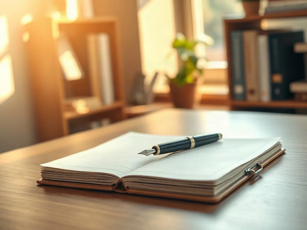 Minimalistyczne biurko z notatnikiem i piórem, tworzące profesjonalną przestrzeń do pracy nad treściami budującymi autorytet.