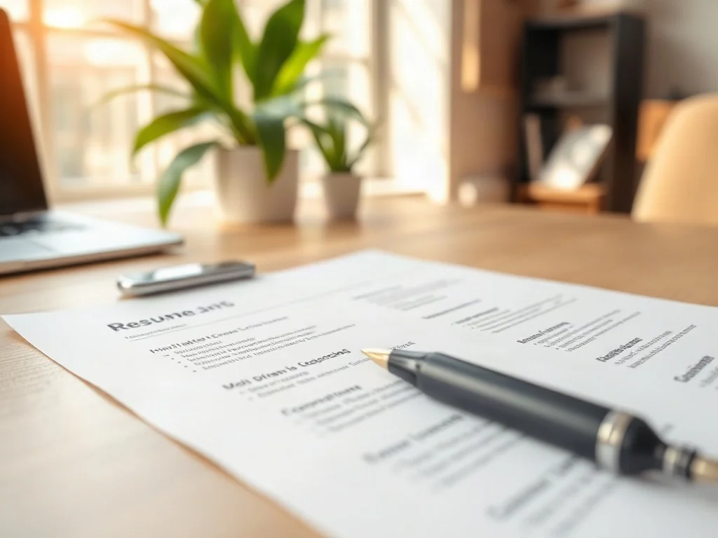Profesjonalnie przygotowany dokument CV leżący na biurku z piórem, symbolizujący gotowość do rozpoczęcia procesu rekrutacji.