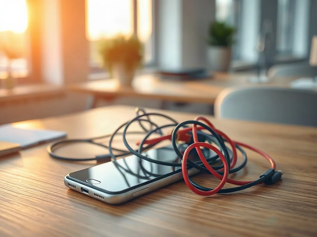 Smartfon leżący na biurku wśród splątanych kabli, symbolizujący utratę kontroli nad technologią.