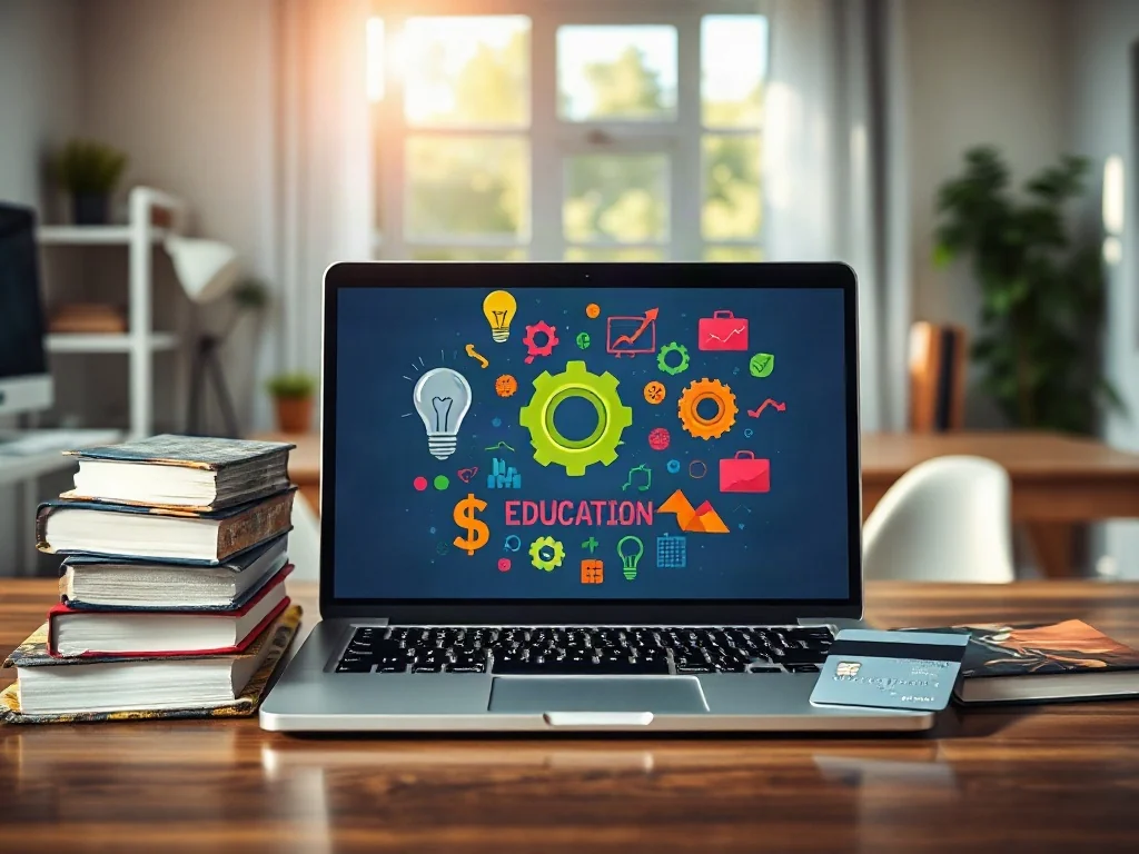 Otwarty laptop z ikonami wiedzy, obok książki i karta płatnicza, symbolizujące wybór między płatną a darmową edukacją online.