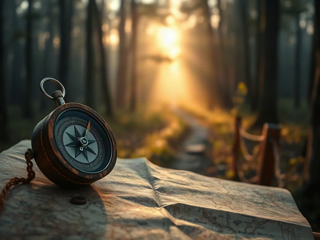 Stary kompas na mapie oraz zamglona leśna ścieżka w porannym świetle, symbolizujące poszukiwanie życiowego celu.