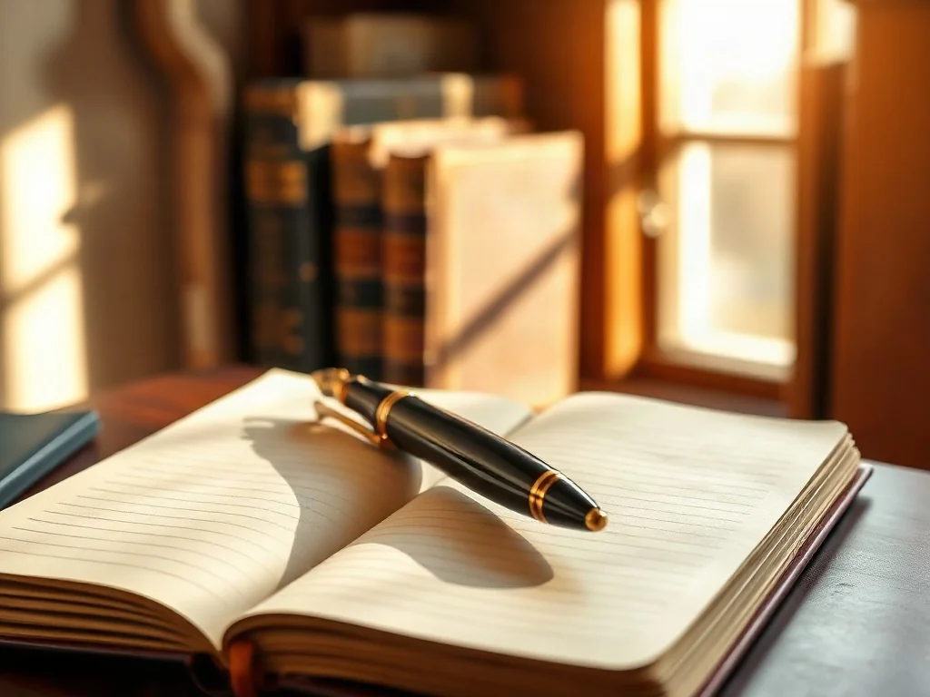 Wieczne pióro leżące na otwartym notatniku w przytulnej bibliotece, symbolizujące gotowość do zapisywania przemyślanych pytań.