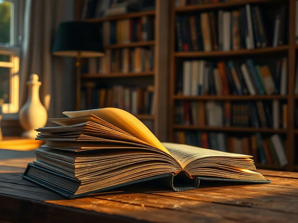 Stos otwartych książek na drewnianym biurku w przytulnej bibliotece domowej, oświetlony ciepłym światłem zachodzącego słońca.
