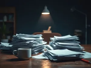 Otwarta, starodawna księga na drewnianym stole w bibliotece, symbolizująca poszukiwanie wiedzy i refleksję filozoficzną.