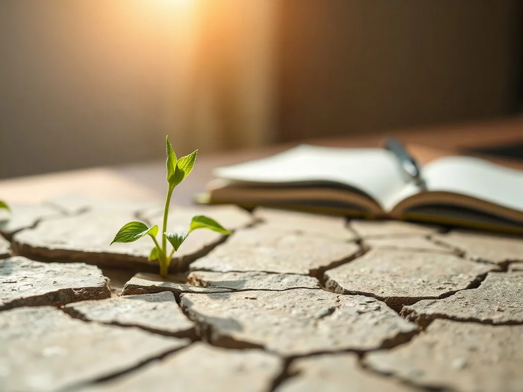 Mała roślina wyrastająca z pękniętego kamienia, symbolizująca rozwój i odporność w procesie kształtowania growth mindset.