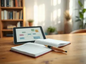 Smartfon z przejrzystym interfejsem aplikacji do zarządzania zadaniami na nowoczesnym biurku w świetle poranka.