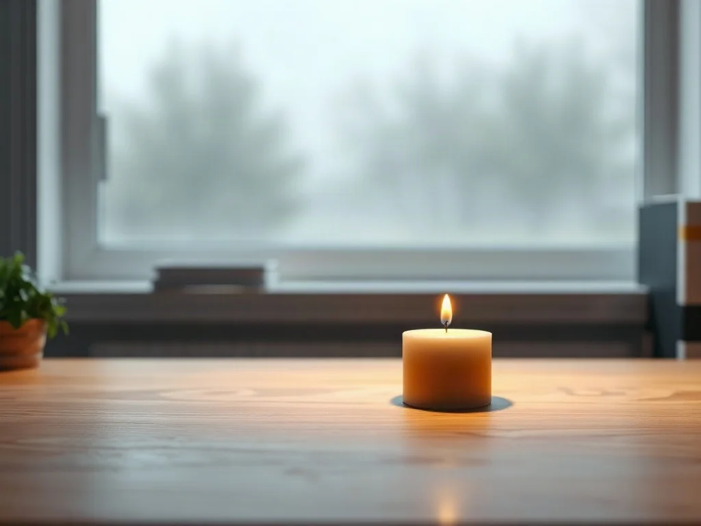 Minimalistyczne biurko z zapaloną świecą, symbolizujące spokój i dystans emocjonalny potrzebny do radzenia sobie z krytyką.