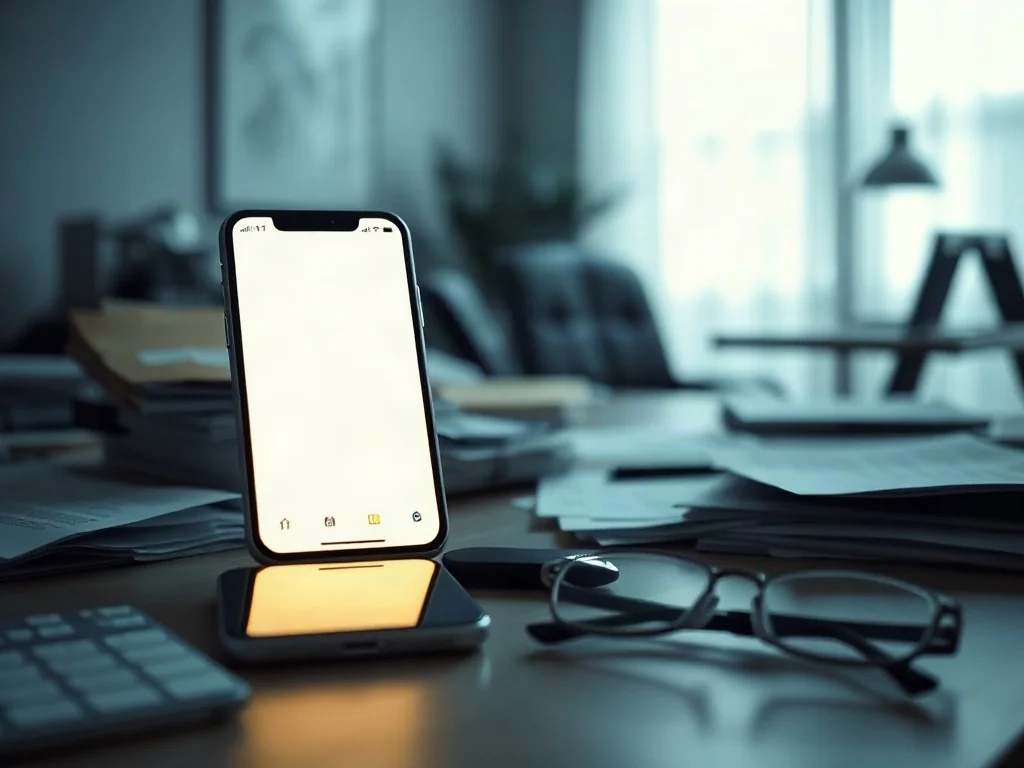 Zabałaganione biurko z podświetlonym ekranem smartfona, symbolizujące cyfrowe rozpraszacze utrudniające skupienie.
