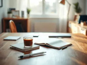 Minimalistyczne stanowisko pracy z laptopem, notatnikiem i kawą, sprzyjające skupieniu i efektywnej pracy w trybie deep work.
