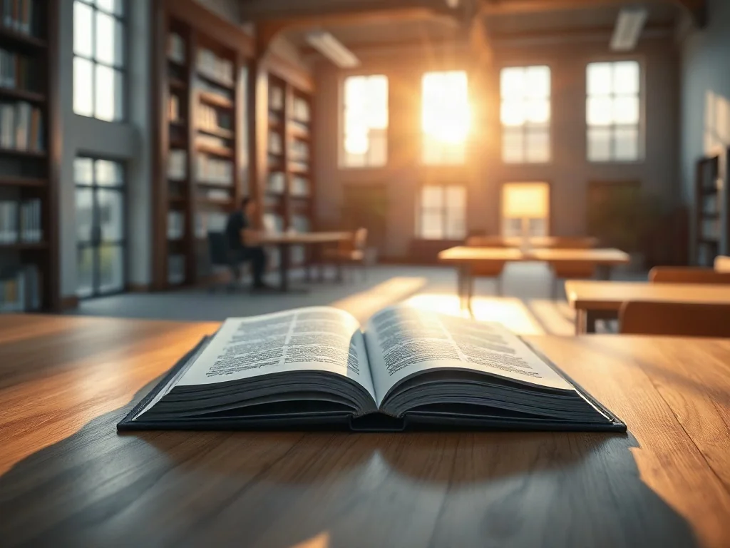 Nowoczesne biurko z laptopem i książką na tle biblioteki, symbolizujące wybór między samokształceniem a studiami.