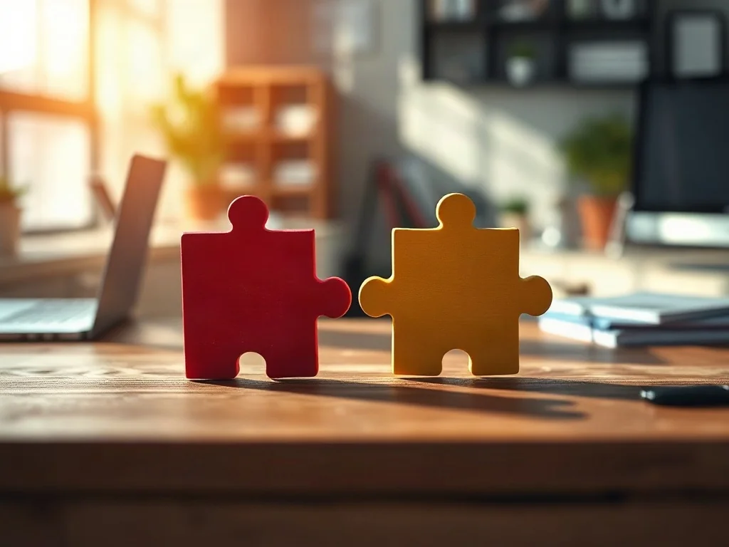Dwa puzzle o różnych kolorach łączące się na drewnianym biurku, symbolizujące skuteczne rozwiązywanie konfliktów wartości.