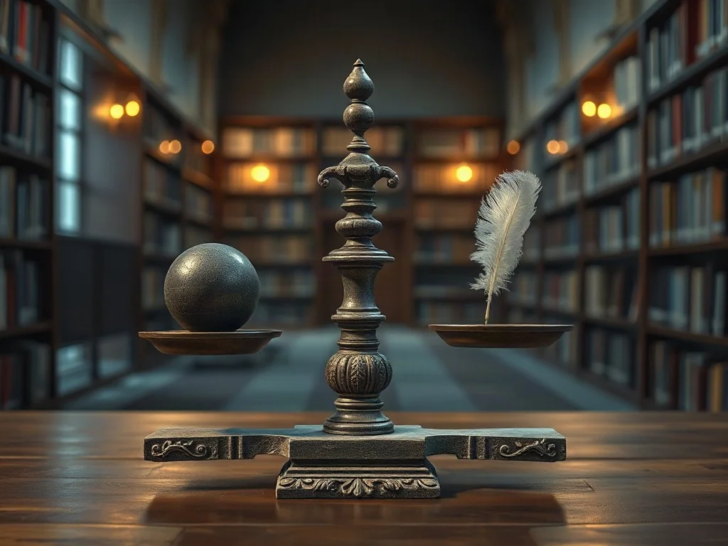 Waga z żelazną kulą i piórem symbolizuje dychotomię kontroli, obrazując podział między zdarzeniami zewnętrznymi a intencją.