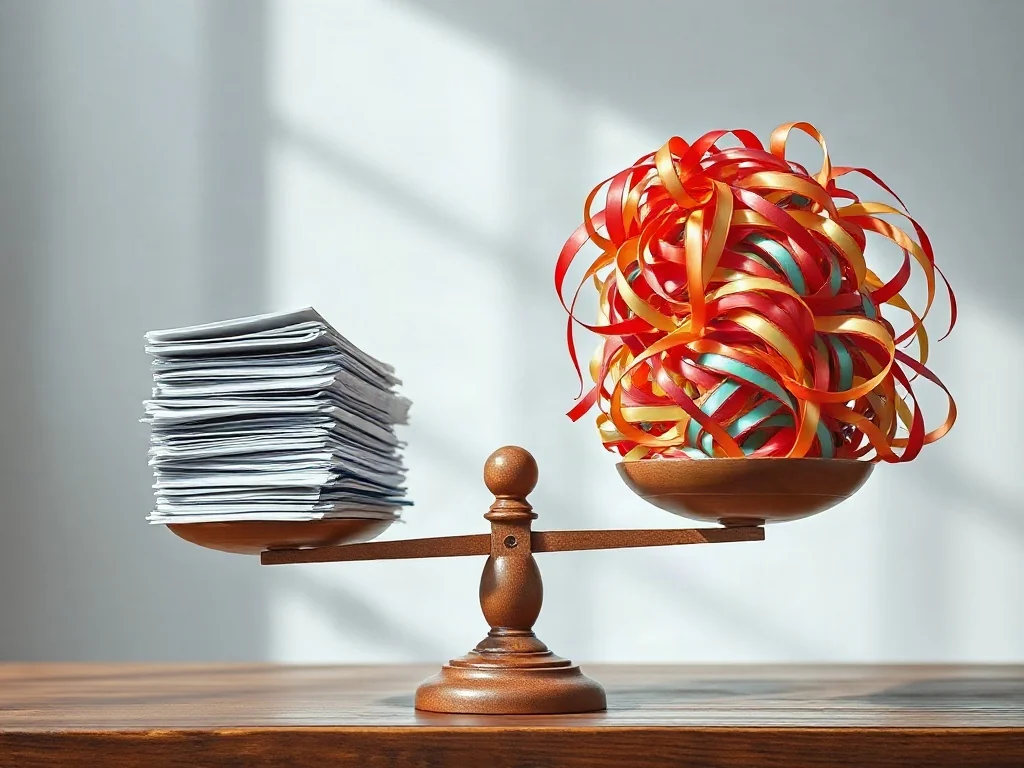 Waga z uporządkowanymi dokumentami po jednej stronie i chaotycznymi wstążkami po drugiej, symbolizująca różnicę między krytyką a opinią.