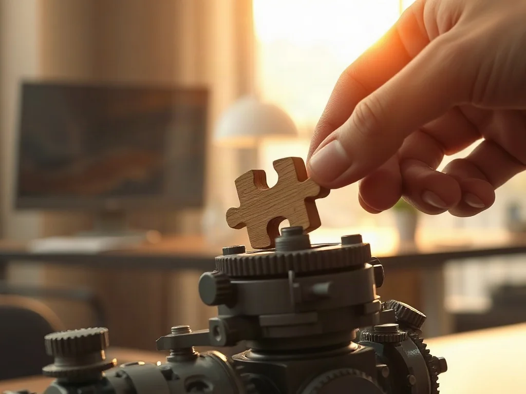 Dłoń umieszczająca element układanki w mechanizmie, symbolizująca budowanie poczucia sprawstwa i własnej wartości.
