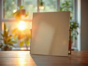 Eleganckie biurko z notatnikiem, piórem i klepsydrą, symbolizujące planowanie celów w skupionej, profesjonalnej atmosferze.