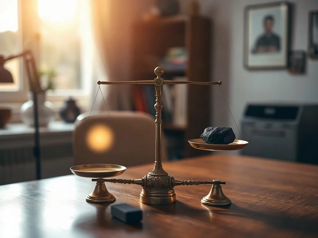 Minimalistyczna waga na biurku, na której szalach spoczywają światło symbolizujące sprawstwo oraz kamień oznaczający winę.