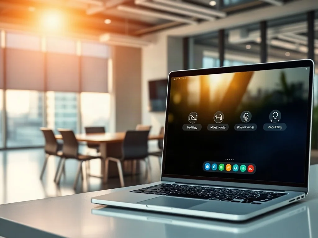 Zestawienie tradycyjnej sali konferencyjnej z wirtualnym spotkaniem na ekranie laptopa, obrazujące wybór formy networkingu.