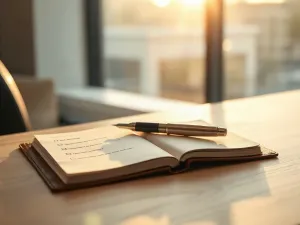Minimalistyczne, uporządkowane biurko z laptopem i rośliną, sprzyjające skupieniu w domowym biurze.