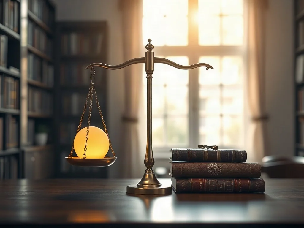 Mosiężna waga sprawiedliwości z książkami i światłem na drewnianym stole, symbolizująca równowagę w etycznym postępowaniu.