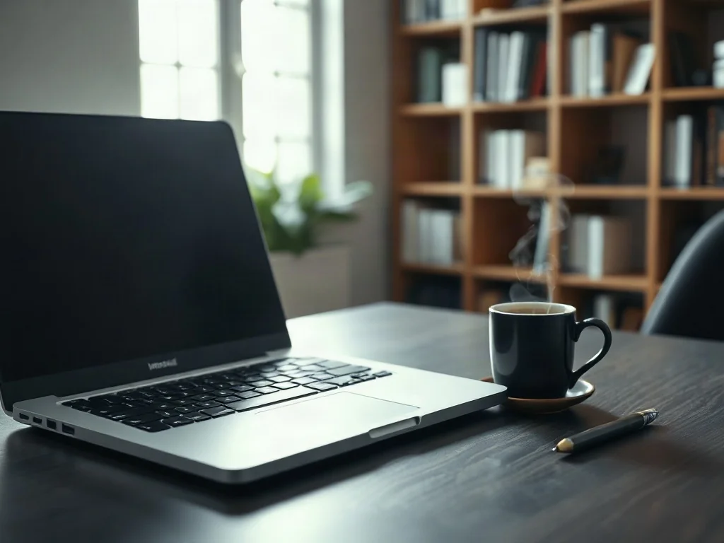 Minimalistyczne stanowisko pracy z laptopem, notatnikiem i kawą, sprzyjające skupieniu i efektywnej pracy w trybie deep work.