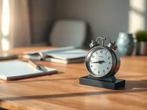 Uporządkowane biurko z notatnikiem i filiżanką herbaty w świetle poranka, sprzyjające skupieniu i produktywnej pracy.