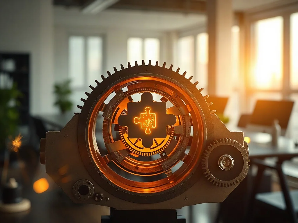 Złożony mechanizm zegarowy z wpasowywanym elementem układanki, symbolizujący przejmowanie kontroli i budowanie sprawstwa.
