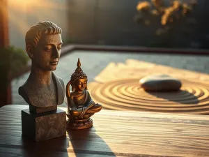 Klepsydra na tle nieuporządkowanego biurka symbolizuje upływ czasu i trudności z utrzymaniem koncentracji w pracy.