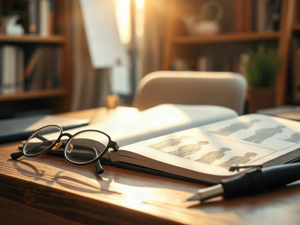 Otwarte notatnik z rysunkami sylwetek, okulary i pióro na biurku, symbolizujące analizę mowy ciała w domowym biurze.