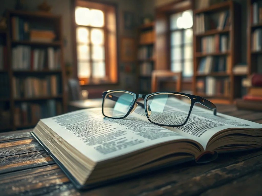 Otwarty słownik wielojęzyczny z okularami na drewnianym biurku w przytulnej bibliotece, symbolizujący proces nauki języka.