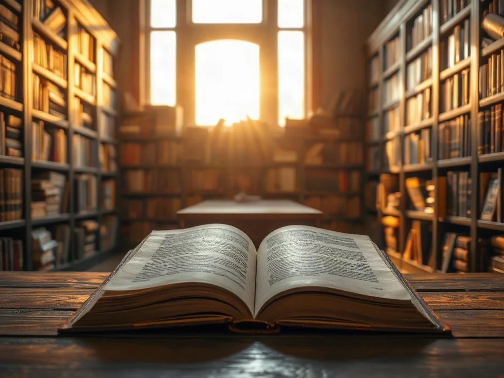 Otwarta, starodawna księga na drewnianym stole w bibliotece, symbolizująca poszukiwanie wiedzy i refleksję filozoficzną.