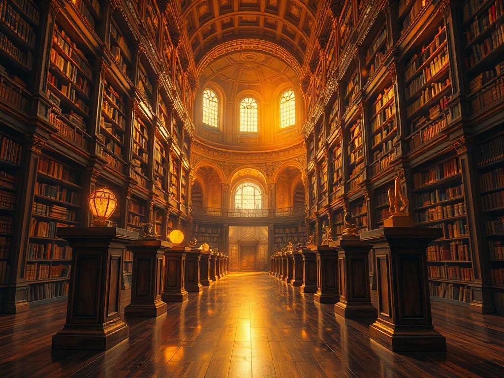 Wnętrze surrealistycznego pałacu pamięci z podświetlanymi obiektami na postumentach i nieskończonymi regałami bibliotecznymi.
