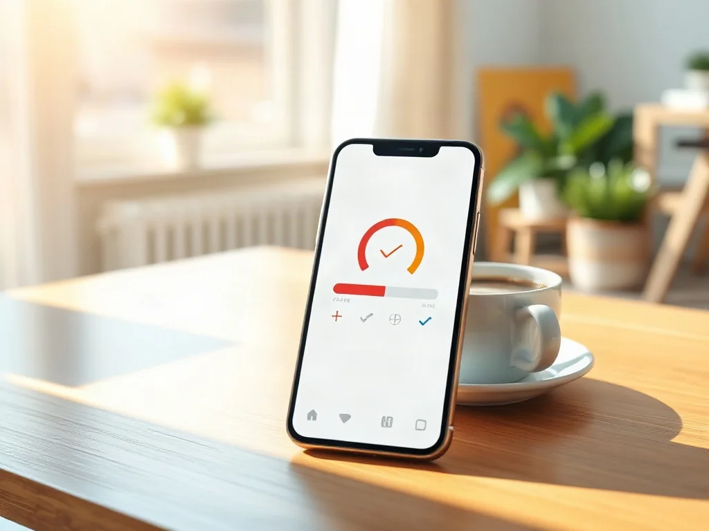 Smartfon z aplikacją do śledzenia nawyków na biurku obok kawy, symbolizujący produktywny początek dnia.