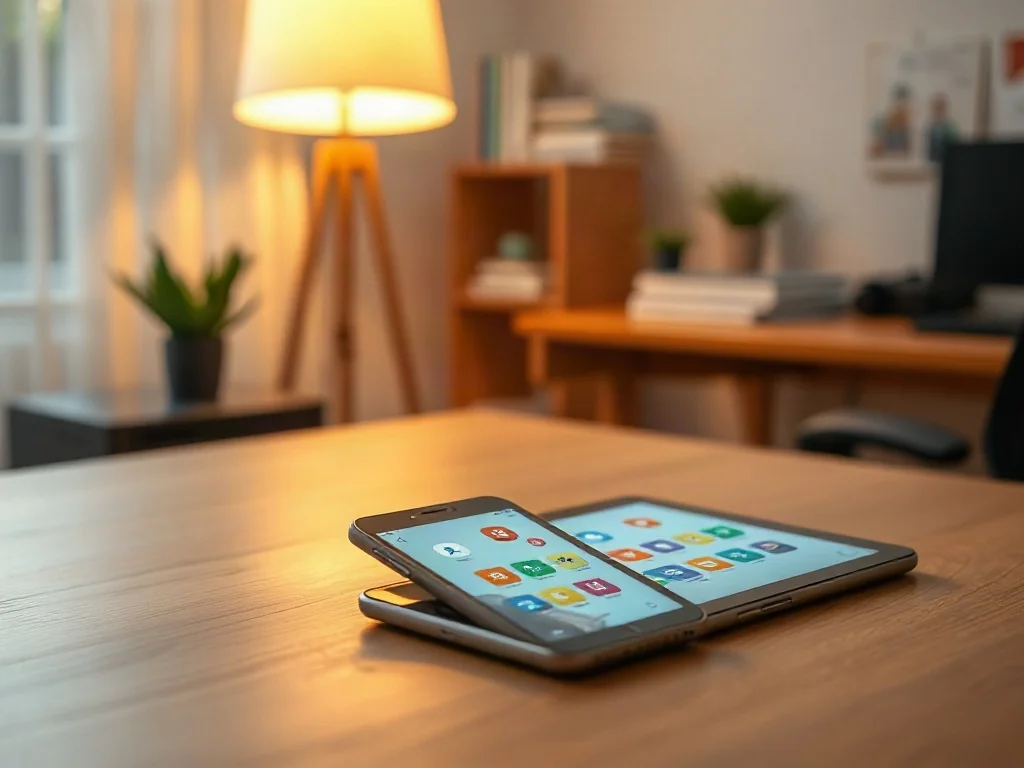 Smartfon i tablet z edukacyjnymi ikonami na ekranach, ustawione na minimalistycznym biurku w domowym gabinecie.