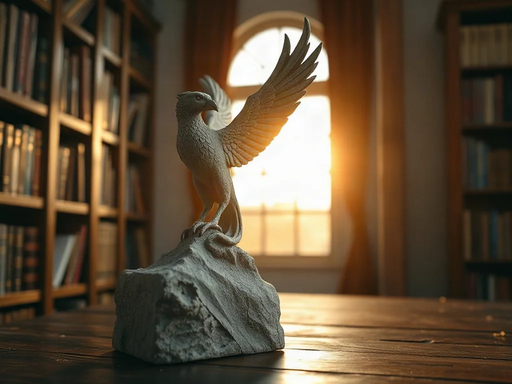 Kamienna rzeźba feniksa powstającego z popiołów na tle biblioteki, symbolizująca odrodzenie i naukę płynącą z porażek.