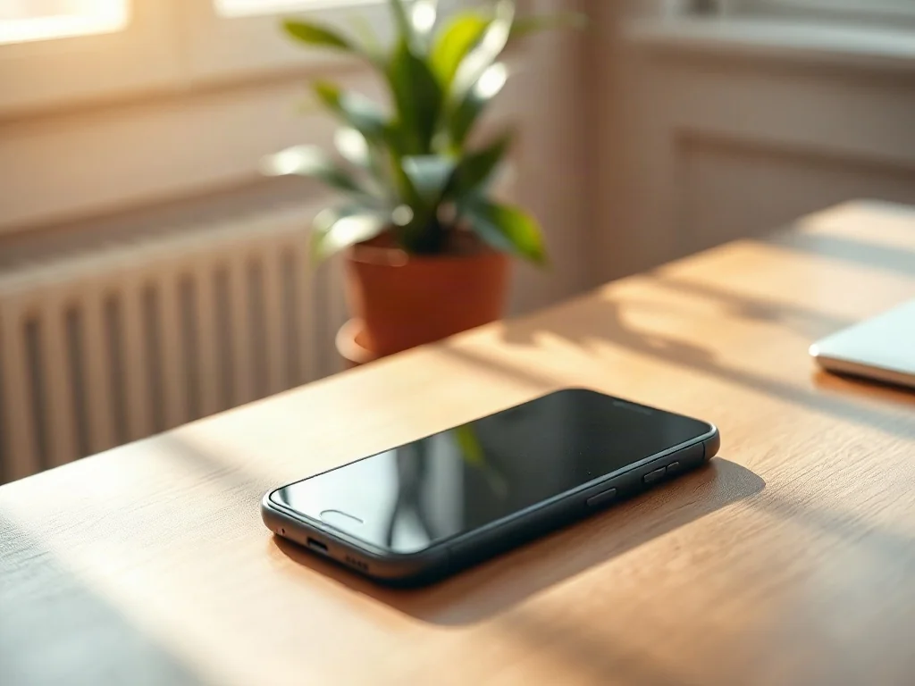 Nowoczesny smartfon z wygaszonym ekranem na drewnianym biurku, symbolizujący spokój i brak rozpraszających powiadomień.