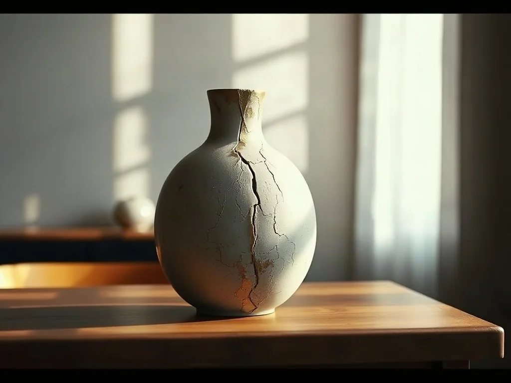 Ceramiczny wazon naprawiony złotem techniką Kintsugi, symbolizujący piękno płynące z akceptacji własnych niedoskonałości.
