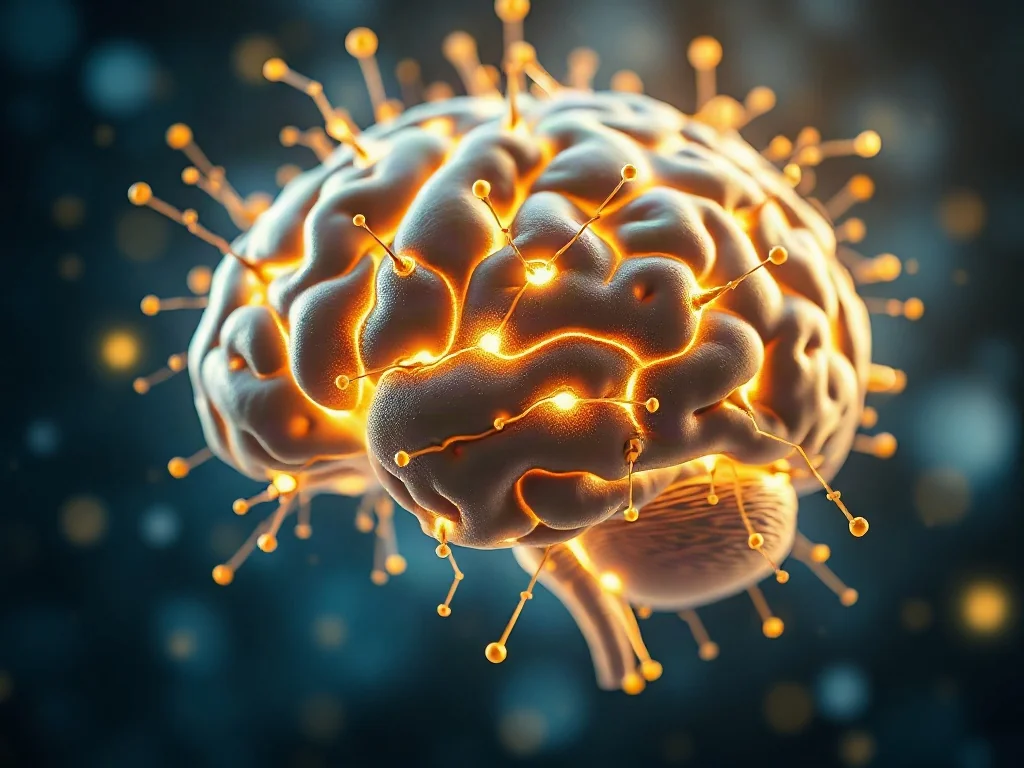 Trójwymiarowa wizualizacja ludzkiego mózgu z rozświetlonymi połączeniami nerwowymi, obrazująca procesy neuroplastyczności.