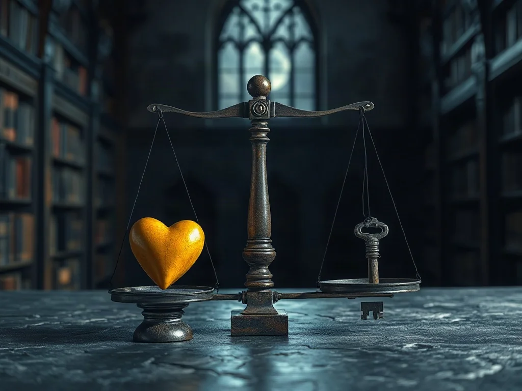 Waga z sercem i kluczem na tle biblioteki, symbolizująca trudny wybór między emocjami a racjonalnym rozwiązaniem dylematu.
