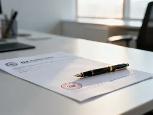 Planowanie ścieżki zawodowej na biurku z notatnikiem i kompasem, symbolizujące strategiczne zarządzanie karierą.