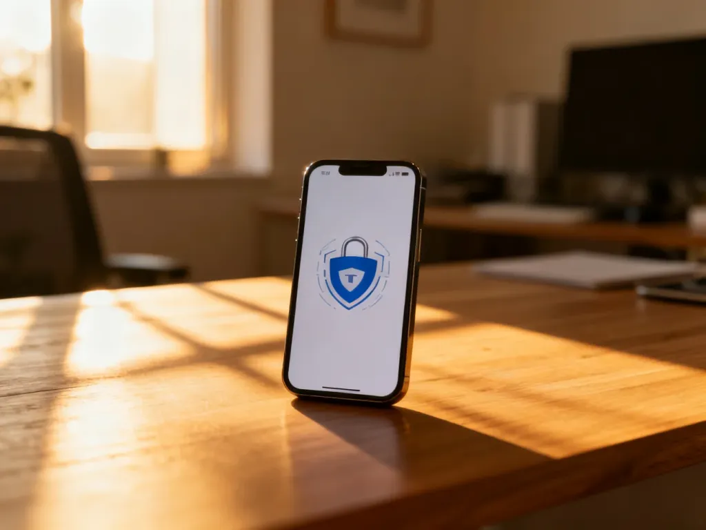 Smartfon z symbolem cyfrowej weryfikacji na ekranie, symbolizujący bezpieczne logowanie do profilu zaufanego.