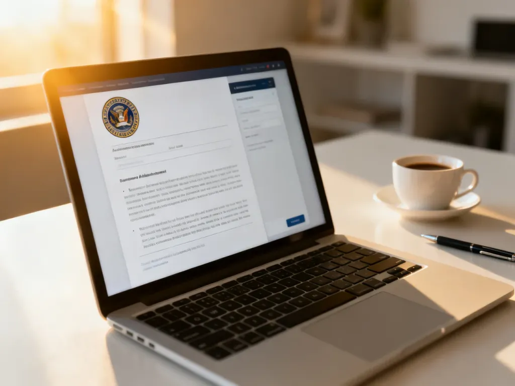 Ekran laptopa z otwartym rządowym formularzem online, symbolizujący wygodne uzyskiwanie zaświadczenia o niekaralności.
