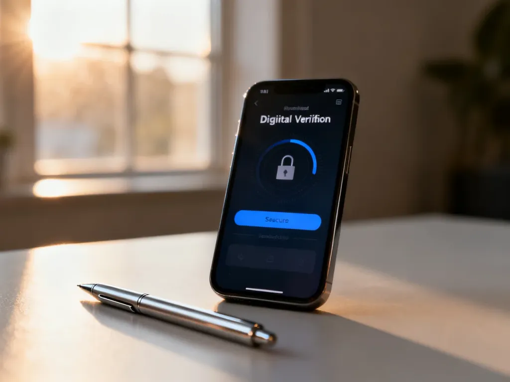 Smartfon z ekranem cyfrowej weryfikacji tożsamości leżący na biurku, symbolizujący bezpieczne zakładanie profilu zaufanego.