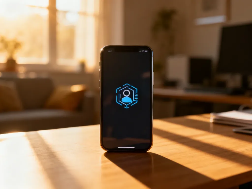 Nowoczesny smartfon z ikoną cyfrowej tożsamości na ekranie, symbolizujący proces zakładania profilu zaufanego dla dziecka.