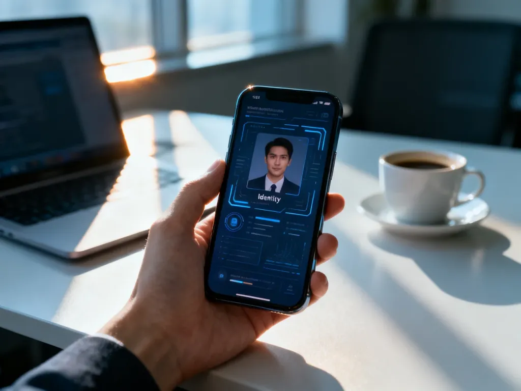 Dłoń trzymająca smartfon z otwartą aplikacją mObywatel na tle minimalistycznego biurka.